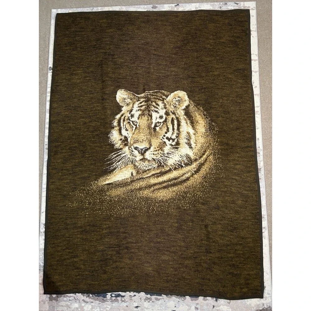 Vintage Biederlack Tiger Throw Blanket Brown Wild Animal Print Reversible 75x56